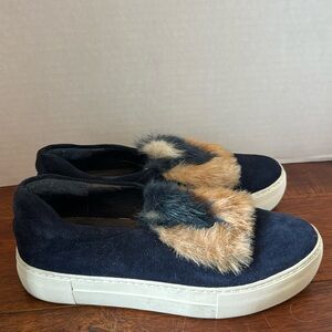 J slides nyc navy blue with blue,pink, white fur trim